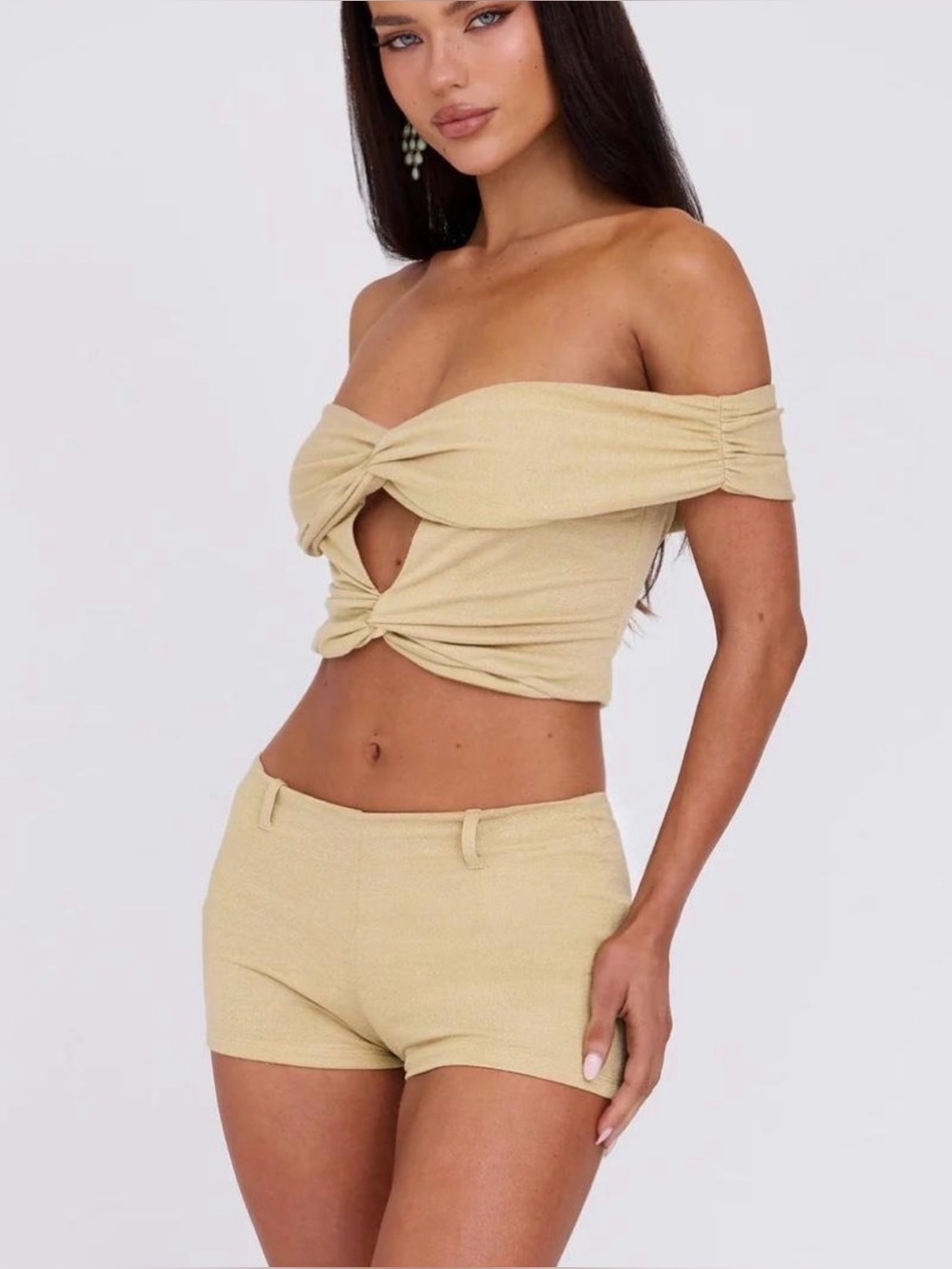 Tiger Mist Gold Twist-Front Off-Shoulder Crop Cami